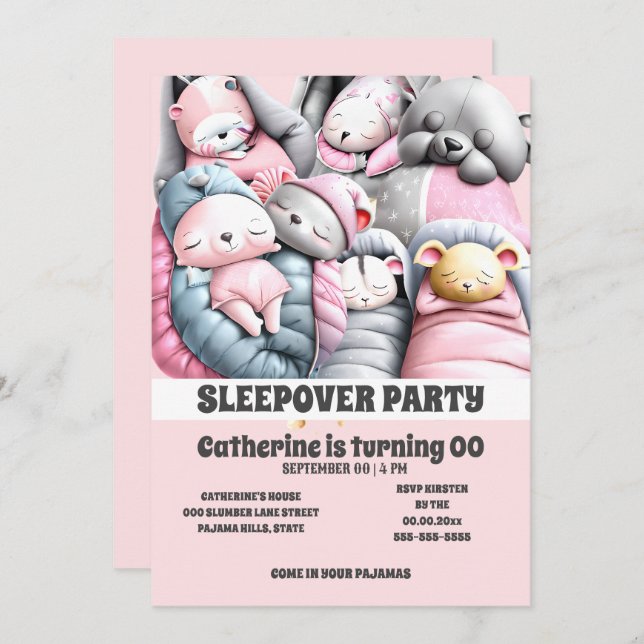 Sleepover comic animals sleeping pink grey slumber invitation (Front/Back)