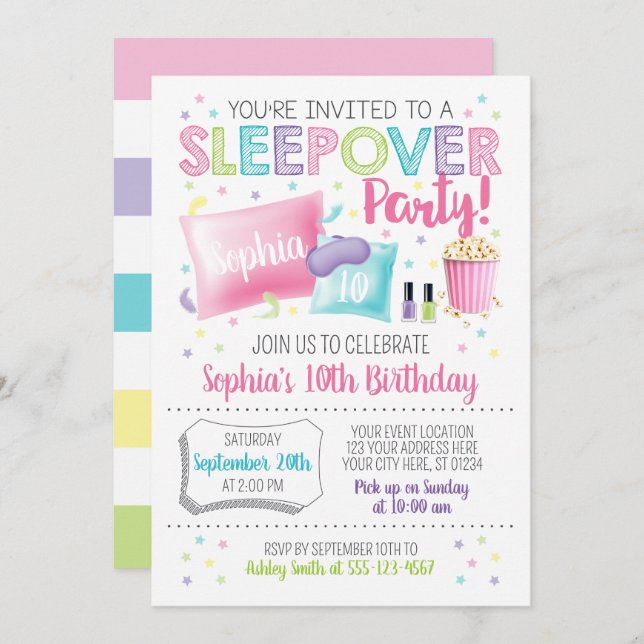 Sleepover Invitation, Slumber Party Birthday Invitation (Front/Back)