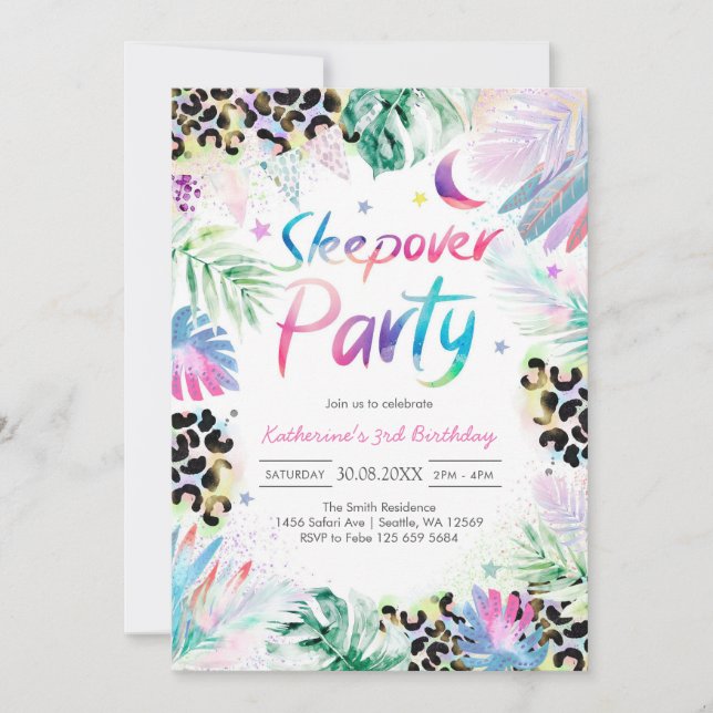Sleepover Leopard Party Birthday Invitation (Front)