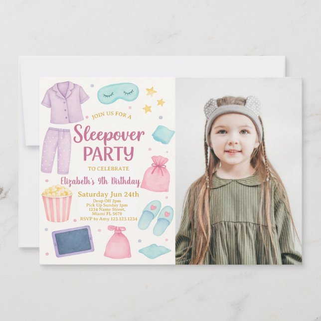 Sleepover Party Birthday Invitation with photo (Front)