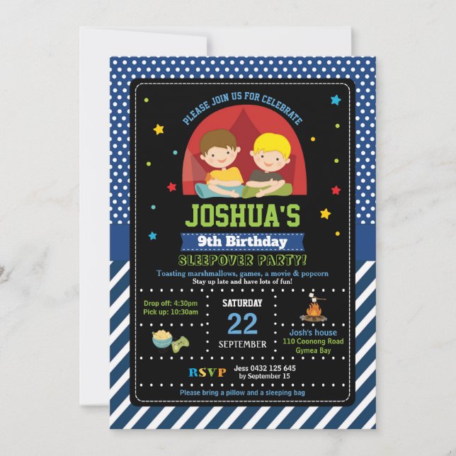 Sleepover Party Birthday Invitations Boys Camping (Front)