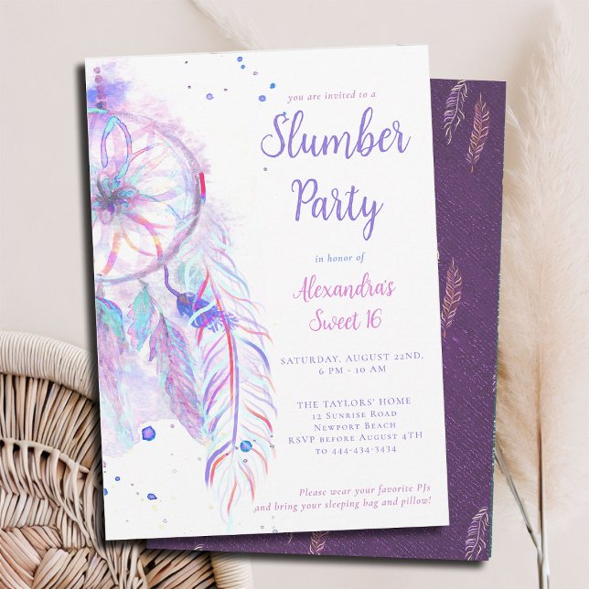 Sleepover PJ Party Purple Dreamcatcher Sweet 16 Invitation (sweet 16 slumber invitation birthday pj sleepover dreamcatcher purple pink watercolor whimsical)