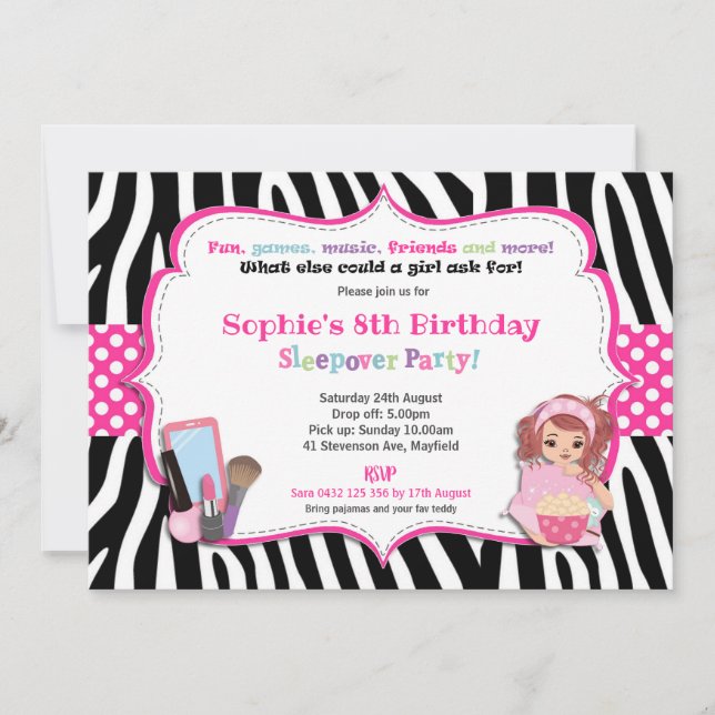 Sleepover Slumber Party Birthday Girls Zebra Print Invitation (Front)