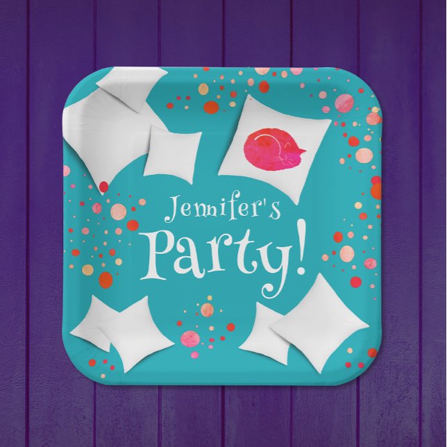 Sleepover Slumber Party Colourful Cat And Pillows Paper Plate (Creator Uploaded)