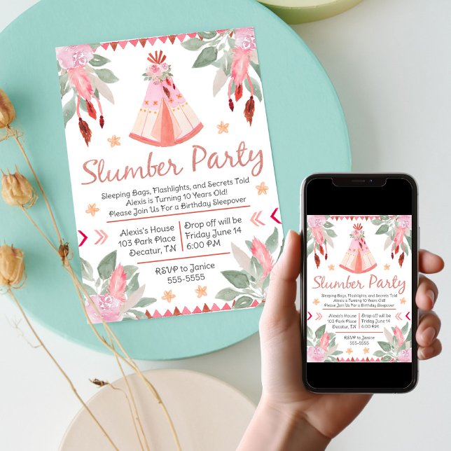 Sleepover Slumber Party Girl Pink Teepee Birthday  Invitation (Sleepover Slumber Party Girl Pink Teepee Birthday Invitation)