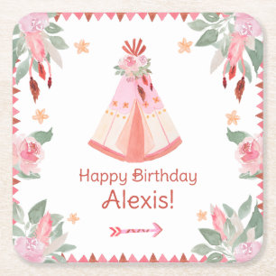 Sleepover Slumber Party Girl Pink Teepee Birthday Square Paper Coaster