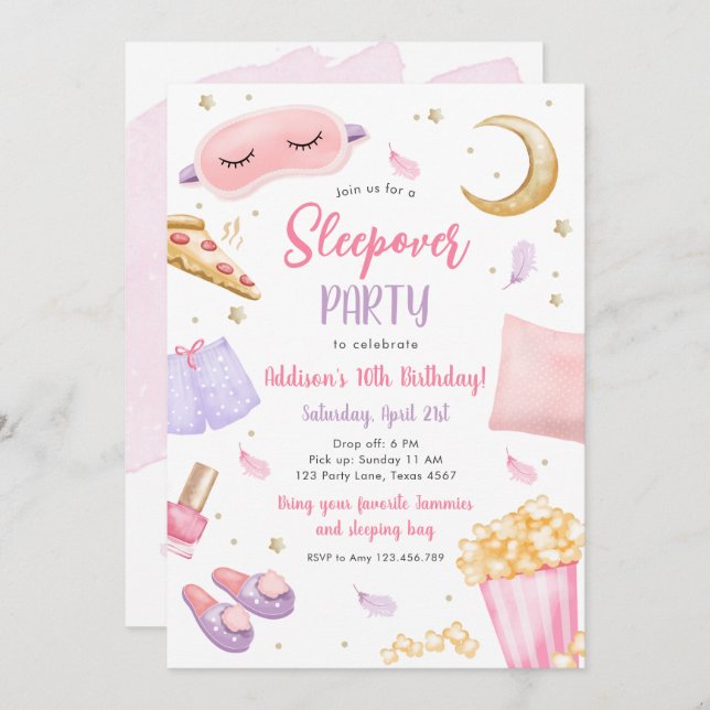 Sleepover Slumber Party Girl Spa Pink Birthday Inv Invitation (Front/Back)