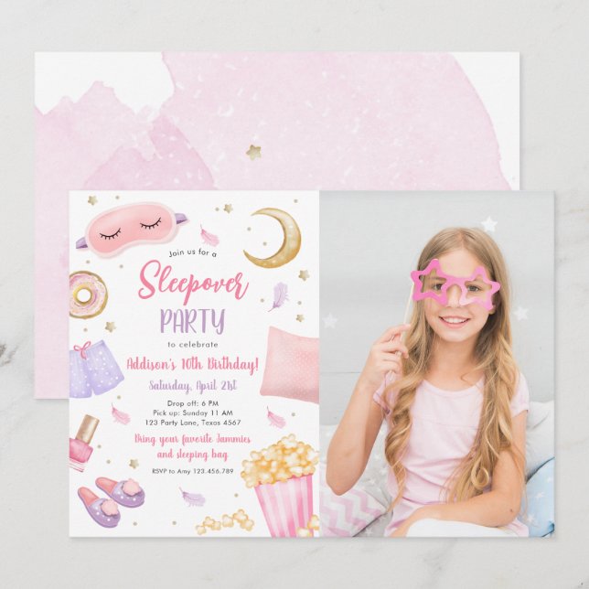 Sleepover Slumber Party Girl Spa Pink Birthday Invitation (Front/Back)