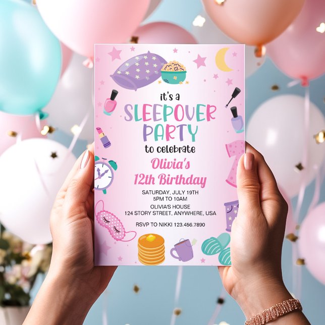 Sleepover slumber party pink purple tween invitation (Creator Uploaded)