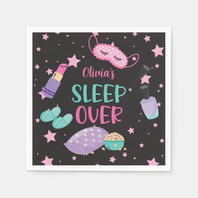 Sleepover slumber party pink purple tween paper pl napkin (Front)