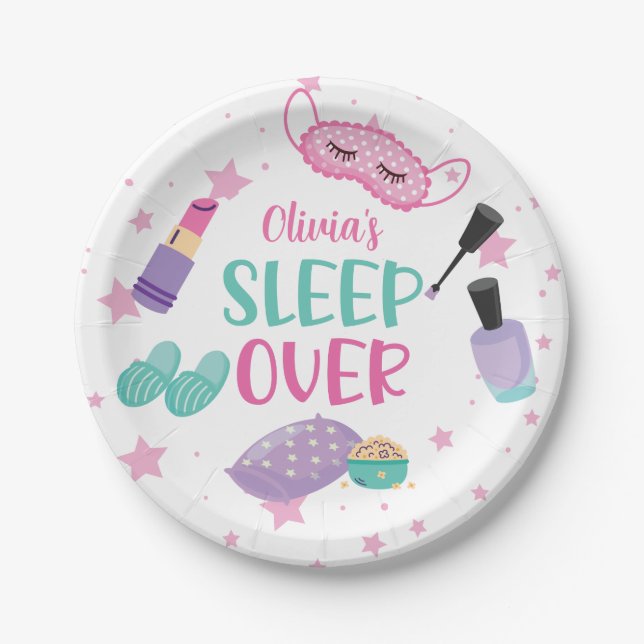 Sleepover slumber party pink purple tween paper plate (Front)