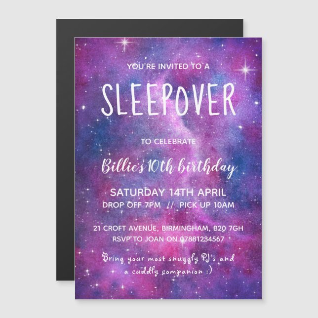 Sleepover Watercolour Galaxy and Stars Magnetic Invitation (Front/Back)