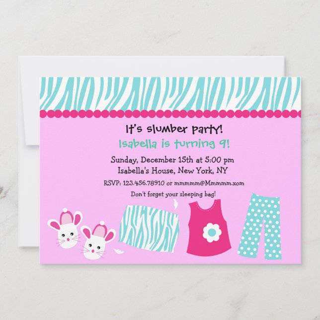 Sleepover Zebra Print Birthday Party Invitations (Front)