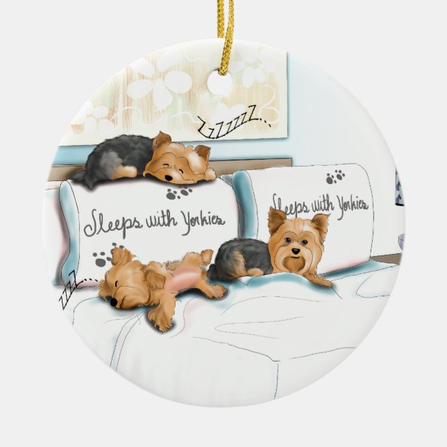 Sleeps with Yorkies by Catia Cho Ceramic Ornament (Front)
