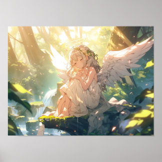 Sleepy angelic anime girl in forest poster