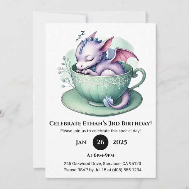 Sleepy Baby Dragon in Teacup Birthday Invitation (Front)