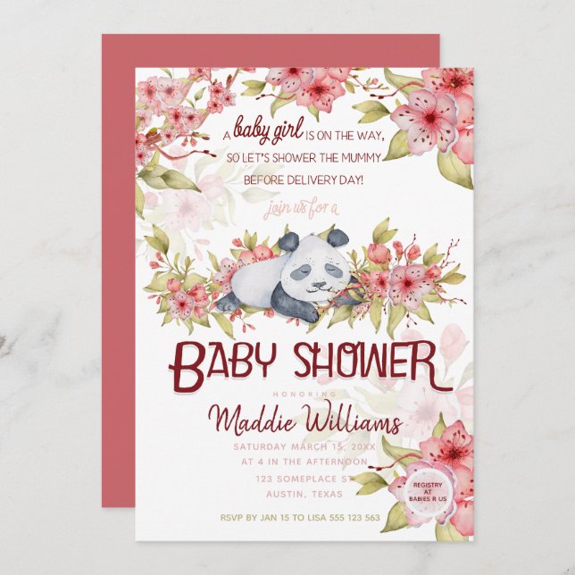 Sleepy Baby Panda Pink Cherry Blossom Baby Shower Invitation (Front/Back)