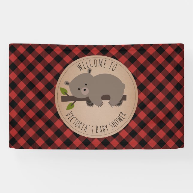 Sleepy Bear Buffalo Plaid Baby Shower Welcome Banner (Horizontal)