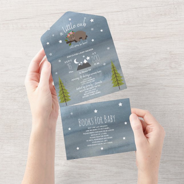 Sleepy Bear Cub Floral Baby Shower Book Request All In One Invitation (Tearaway)
