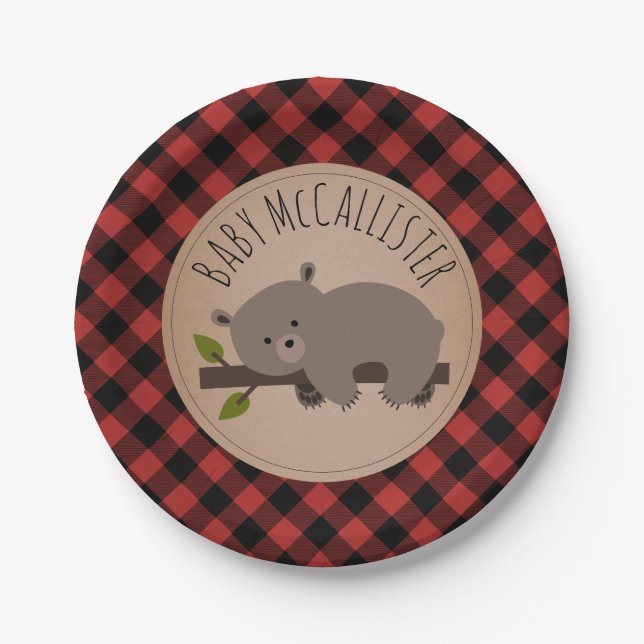 Sleepy Bear Cub Lumberjack Plaid Baby Shower Paper Plate (Front)