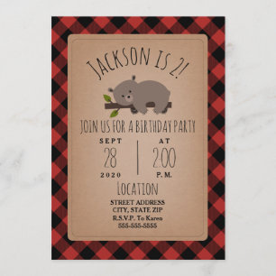 Sleepy Bear Cub Lumberjack Plaid Birthday Party Invitation