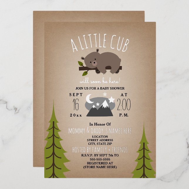 Sleepy Bear Cub Stars Cardstock Baby Shower (Front/Back)