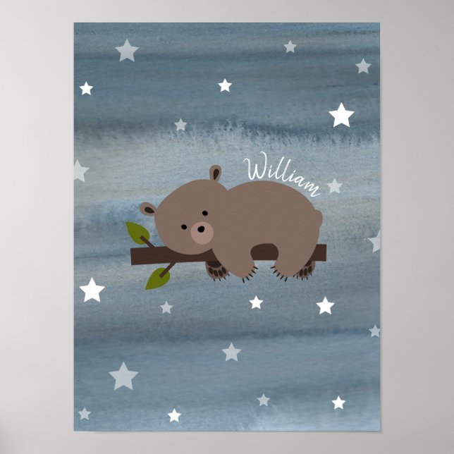 Sleepy Bear Cub Watercolor Baby Nursery Artwork Poster (Front)