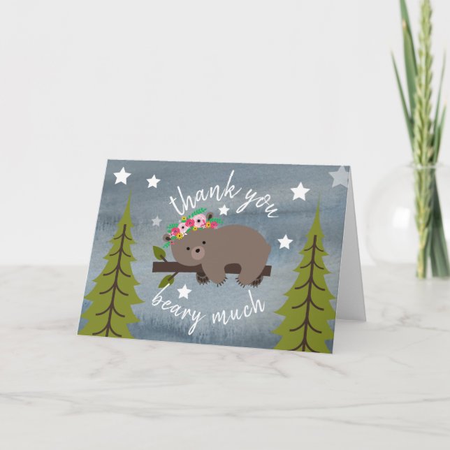 Sleepy Bear Floral Thank You Stars Watercolor Card (Front)