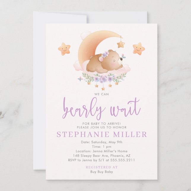 Sleepy Bear on Cloud Baby Girl Shower Invitations (Front)
