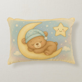Sleepy Bear on the Moon – Soft Pastel Baby Pillow