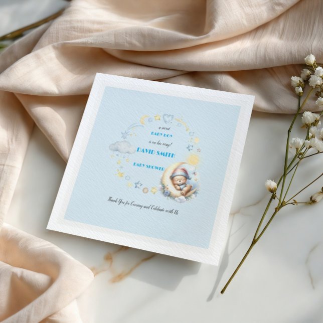 Sleepy Bear on the Moon Stars Clouds Baby Boy Napkin (Creator Uploaded)