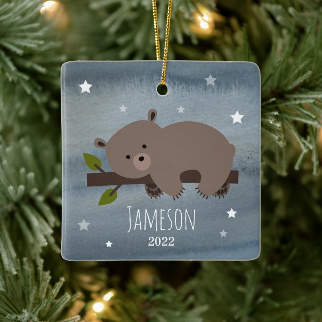 Sleepy Bear Stars Baby Cub First Christmas Photo  Ceramic Ornament (Tree)
