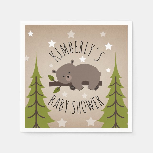 Sleepy Bear Stars + Trees Baby Shower Napkin (Front)