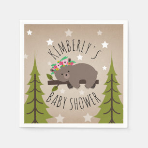 Sleepy Bear Stars + Trees Floral Baby Shower Napkin