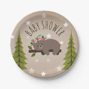 Sleepy Bear Stars + Trees floral Baby Shower Paper Plate