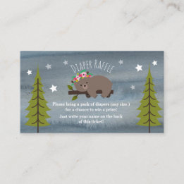 Sleepy Bear Stars Watercolor Floral Diaper Raffle Enclosure Card