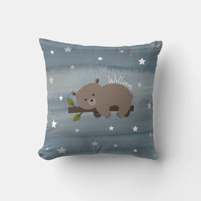 Sleepy Bear Watercolor Stars Cushion (Front)