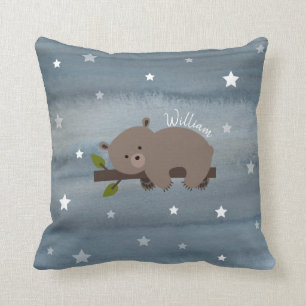 Sleepy Bear Watercolor Stars Cushion
