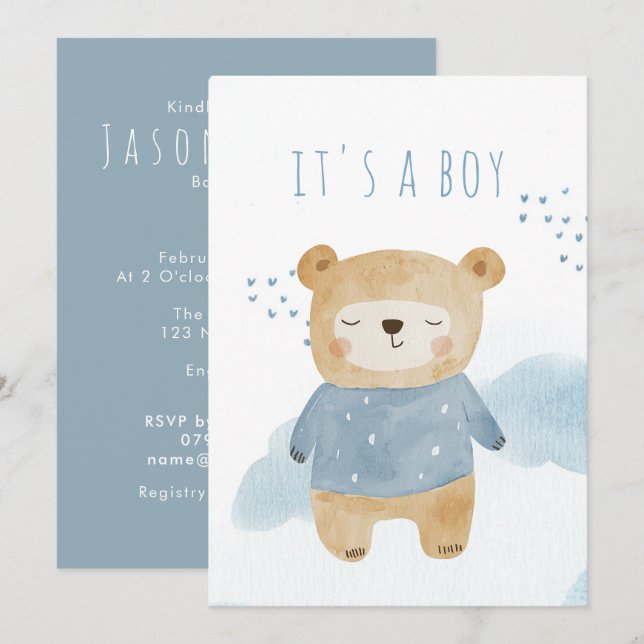 Sleepy Blue Watercolor cute bear Baby Shower Invitation (Front/Back)