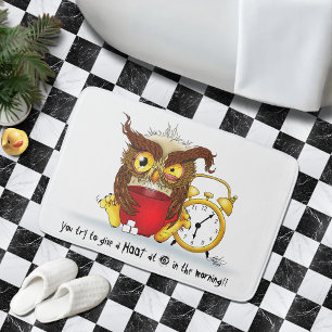 Sleepy Brown Cute Funny Owl Coffee Illustration Bath Mat