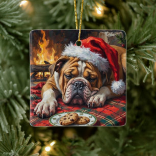 Sleepy Bulldog Dog Fast Asleep Santa Hat Christmas Ceramic Ornament