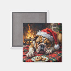 Sleepy Bulldog Dog Fast Asleep Santa Hat Christmas Magnet