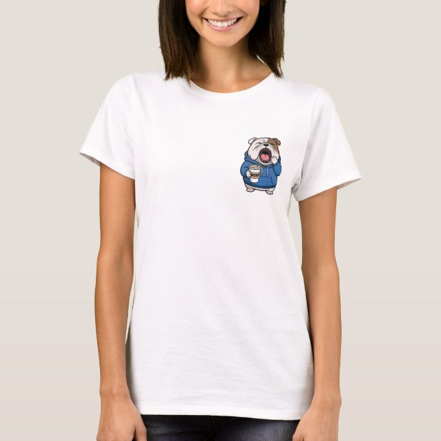 Sleepy Bulldog Yawning with Woof Coffee Cup in Blu T-Shirt (Front)