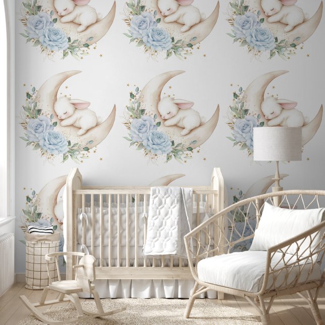 Sleepy Bunny Rabbit Moon Blue Floral Nursery Wallpaper (Kids)