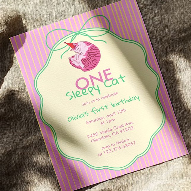 Sleepy Cat 1st Birthday Yellow Stripe Invitation (Creator Uploaded)