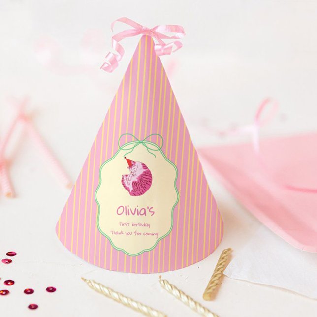 Sleepy Cat 1st Birthday Yellow Stripes Party Hat (Creator Uploaded)