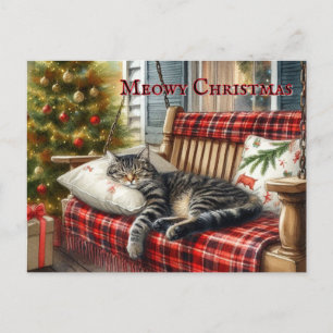 Sleepy Cat and Christmas Tree Postcard
