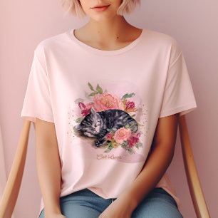 Sleepy Cat And Pink Flowers Girl's T-Shirt