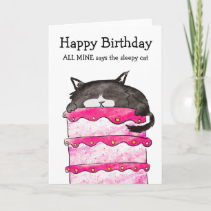 Sleepy cat birthday cake card