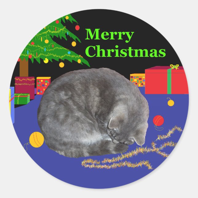 Sleepy cat Christmas-sticker Classic Round Sticker (Front)